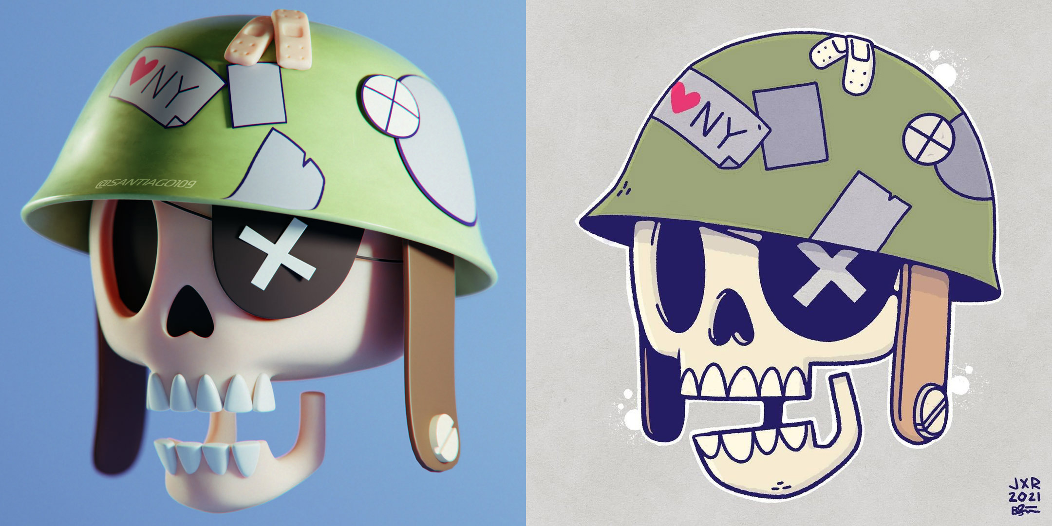 Calavera en 3D junto a la ilustración que sirvió de referencia